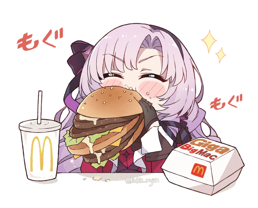 1girl bangs big_mac black_gloves black_hairband blush burger chibi claw_ring closed_eyes commentary cup disposable_cup dress drill_hair drinking_straw eating english_commentary food gloves hairband highres holding holding_food hyakumantenbara_salome kukie-nyan light_purple_hair long_hair mcdonald's megamac nijisanji parted_bangs purple_ribbon red_dress ribbon solo sparkle twitter_username virtual_youtuber