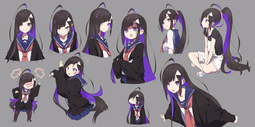 1girl :d ^^^ ahoge bangs black_cardigan black_hair black_shirt blue_sailor_collar blue_skirt blush brown_legwear cardigan clenched_teeth closed_mouth commentary_request cropped_torso crossed_arms diagonal_bangs hair_ornament hairclip highres long_hair long_sleeves multicolored_hair multiple_views neckerchief nose_blush open_cardigan open_clothes original overall_shorts overalls pantyhose pleated_skirt ponytail puffy_long_sleeves puffy_sleeves purple_hair red_neckerchief sailor_collar school_uniform serafuku shaded_face shirt short_sleeves skirt sleeves_past_wrists smile standing sweat tama_(tama-s) teeth triangle_hair_ornament two-tone_hair upper_body very_long_hair violet_eyes white_shirt yurako-san_(tama)