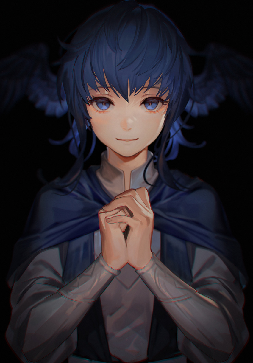 1girl blue_cape blue_eyes blue_hair cape closed_mouth dark dark_blue_hair feathered_wings final_fantasy final_fantasy_xiv fingernails hair_wings highres medium_hair meteion mimme_(haenakk7) own_hands_together red_pupils smile solo upper_body wings