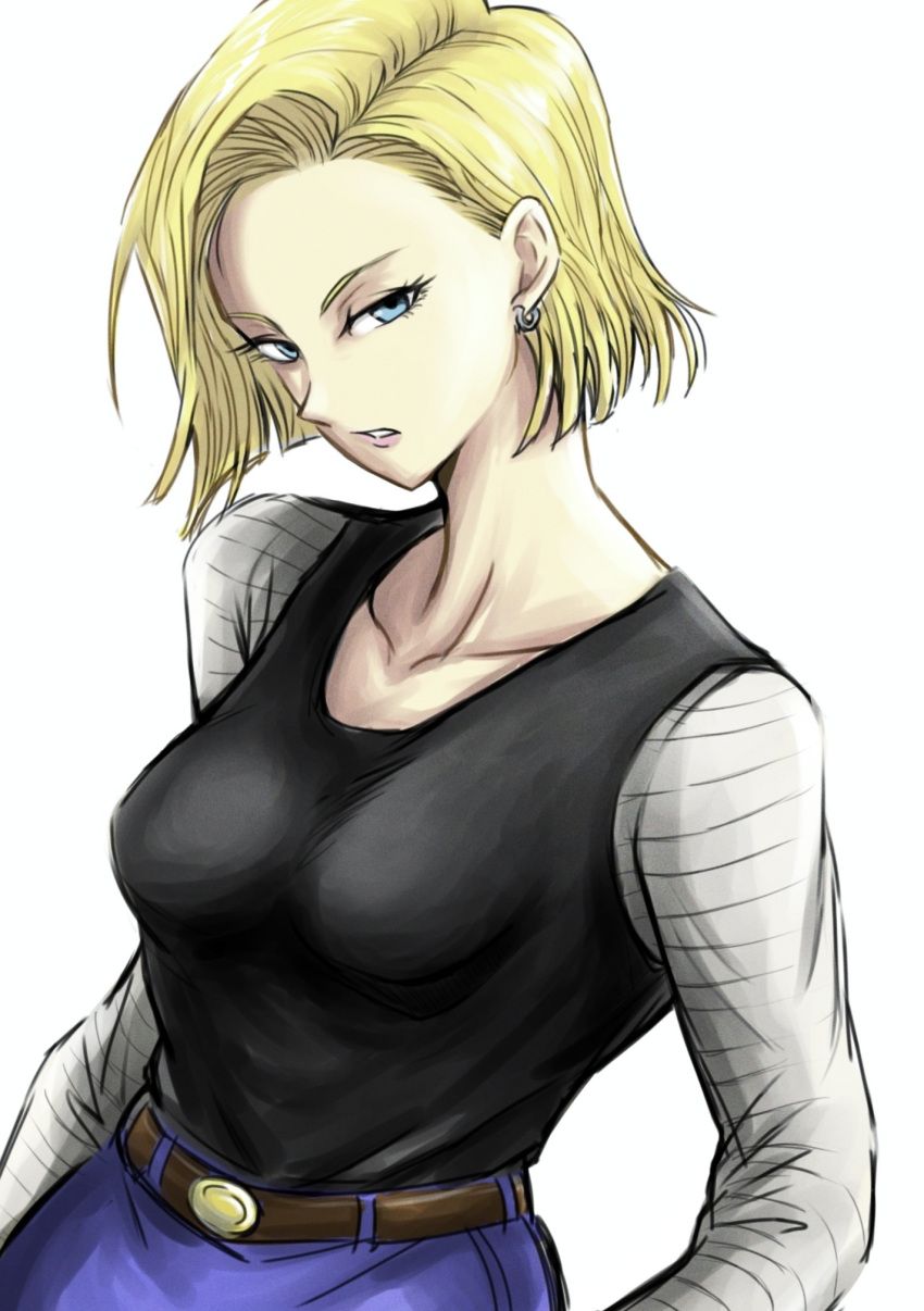 1girl android_18 belt black_shirt blonde_hair blue_eyes breasts brown_belt collarbone dragon_ball dragon_ball_z earrings grey_sleeves highres jewelry long_sleeves medium_breasts nubatama parted_lips shiny shiny_hair shirt short_hair sketch solo standing striped_sleeves