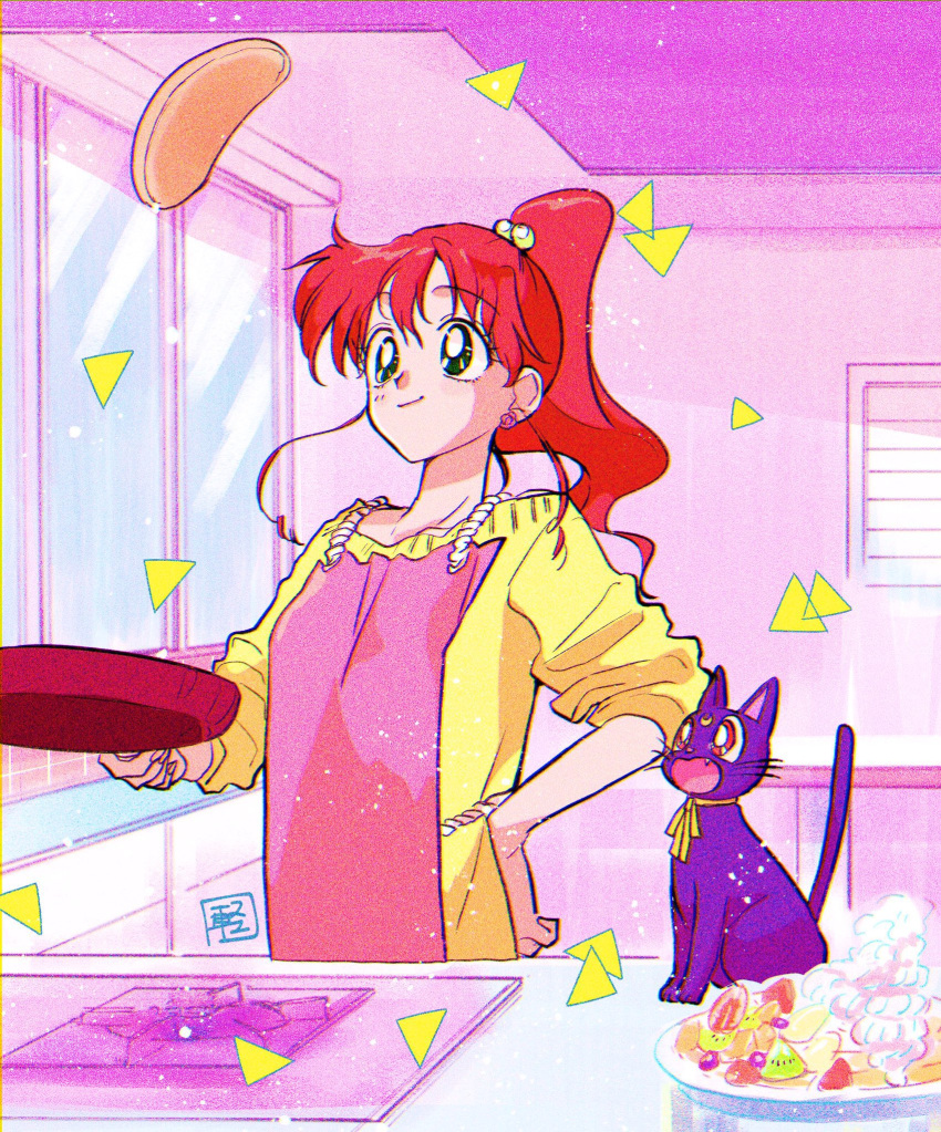 bishoujo_senshi_sailor_moon cherry cooking fang food fruit green_eyes highres kino_makoto kiwi_(fruit) luna_(sailor_moon) murimajimuri pancake red_eyes smile