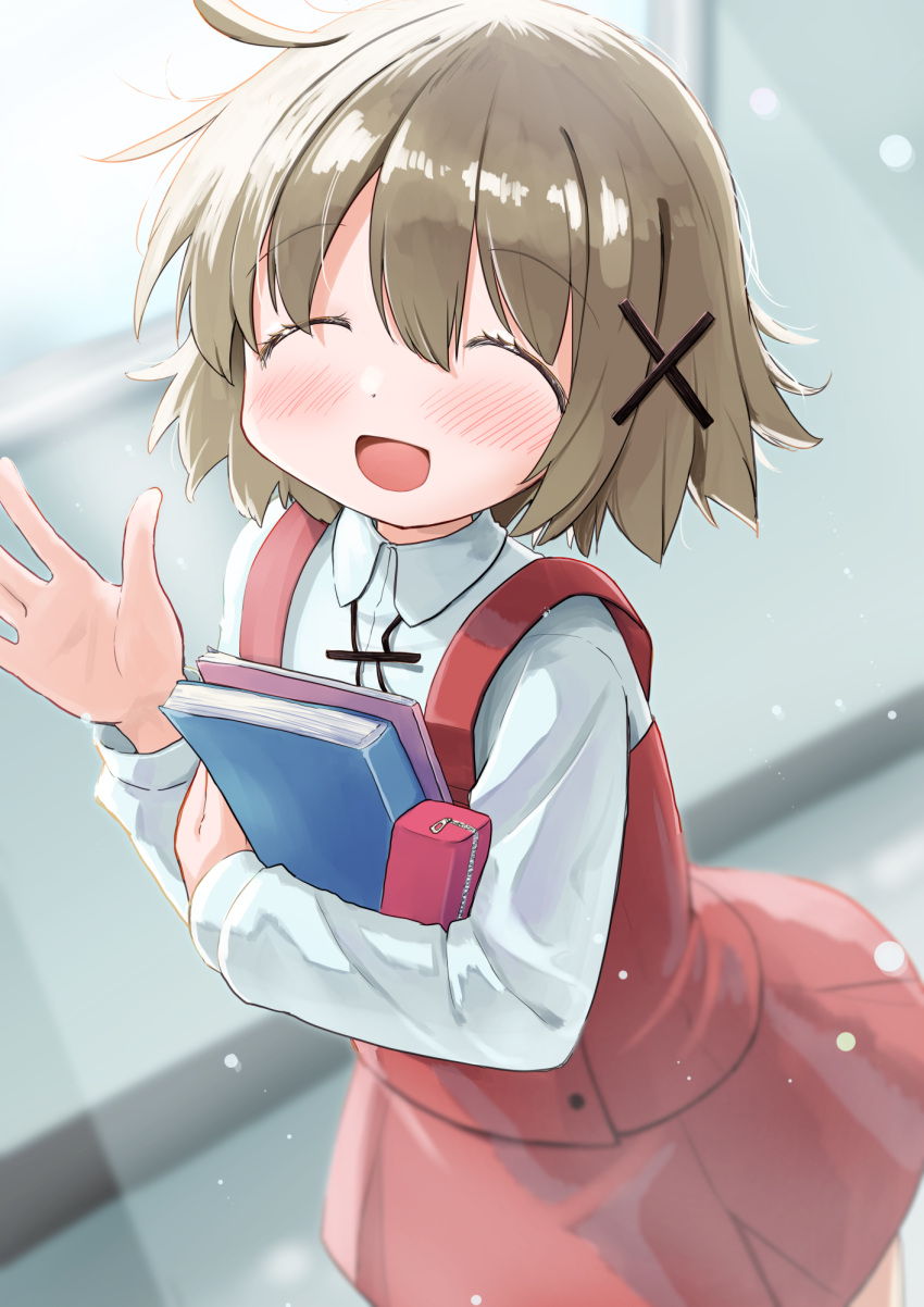 1girl blurry blurry_background brown_hair closed_eyes commentary_request facing_viewer hair_ornament hidamari_sketch highres holding holding_notebook long_sleeves notebook open_mouth pencil_case percy_pyl school_uniform shirt short_hair solo sunlight waving white_shirt x_hair_ornament yamabuki_high_school_uniform yuno_(hidamari_sketch)