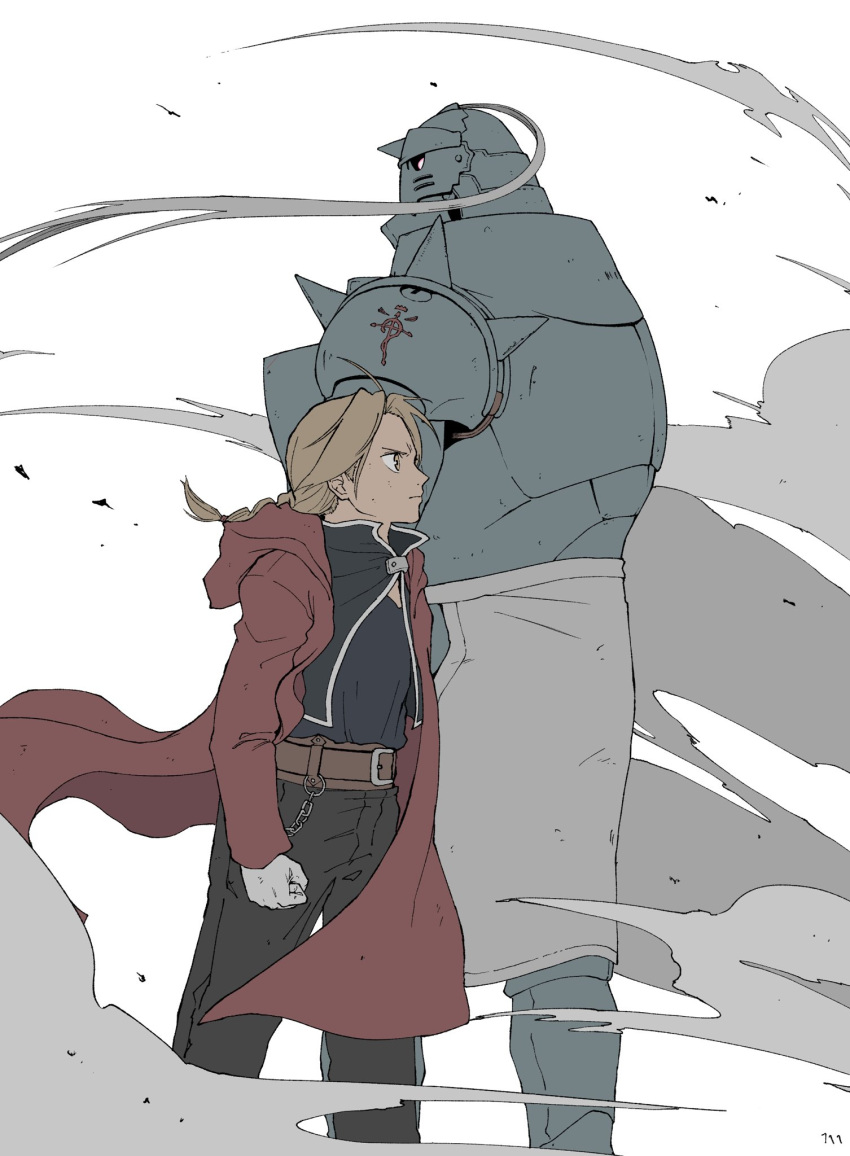 2boys ahoge alphonse_elric armor blonde_hair braid brothers clenched_hands coat edward_elric fullmetal_alchemist highres long_sleeves male_focus multiple_boys red_coat siblings ufkqz
