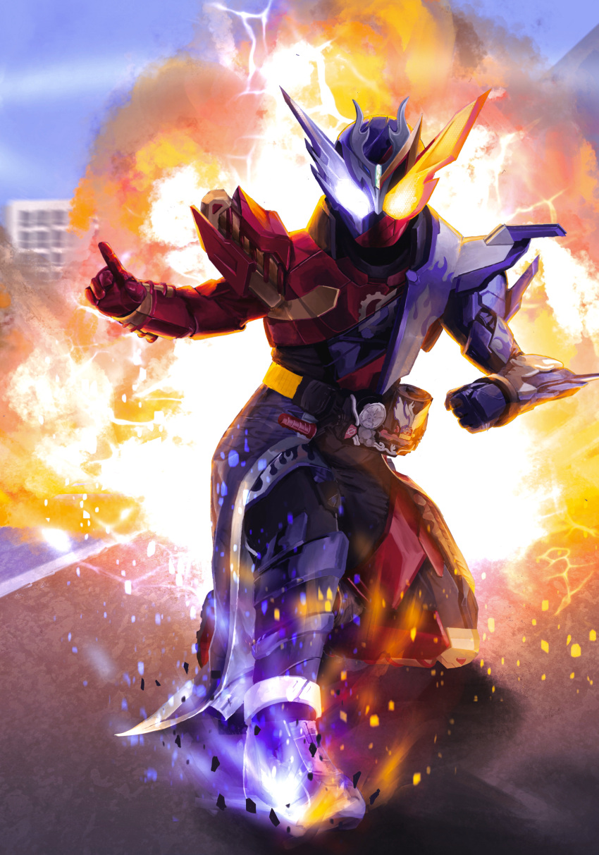 1boy absurdres animal_ears asymmetrical_footwear asymmetrical_gloves asymmetrical_legwear blue_armor blue_eyes blue_footwear blue_sky build_driver city cityscape clouds coattails cross-zbuild_form dragon driver_(kamen_rider) flame_print gloves glowing glowing_eyes heterochromia highres kamen_rider kamen_rider_build kamen_rider_build_(series) landing lightning looking_at_viewer male_focus mismatched_footwear mismatched_gloves mismatched_legwear pose rabbit_ears red_armor red_footwear rider_belt sky squatting suzune315 tokusatsu yellow_eyes