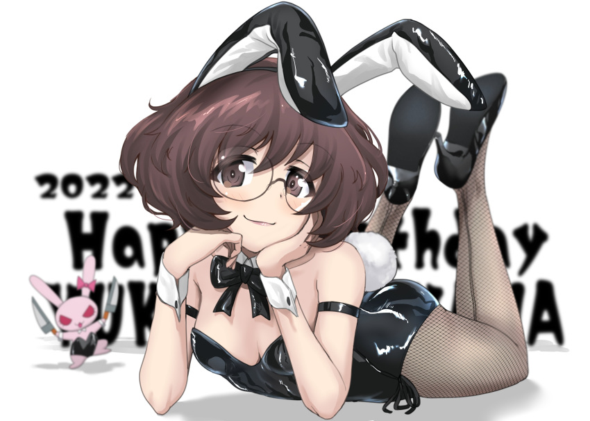 1girl 2022 :3 absurdres akiyama_yukari animal_ears ass background_text bespectacled black_leotard bow bowtie breasts brown_eyes brown_hair commentary_request detached_collar fishnet_legwear fishnets full_body girls_und_panzer glasses happy_birthday highres leotard lips lying messy_hair on_stomach pantyhose playboy_bunny rabbit rabbit_ears rabbit_tail shiina_excel short_hair simple_background small_breasts strapless strapless_leotard tail white_background wrist_cuffs