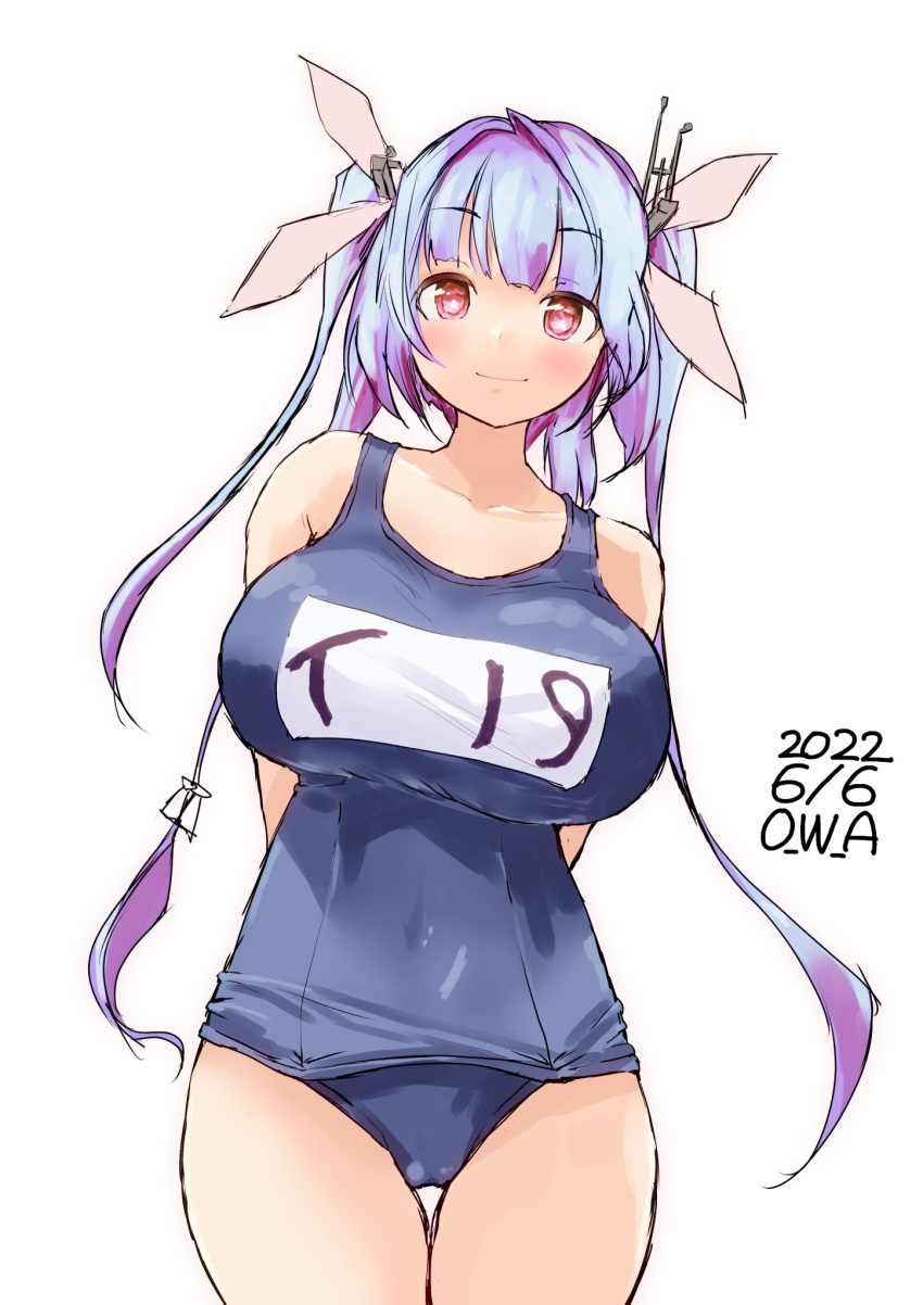 1girl artist_name blue_hair breasts commentary_request cowboy_shot dated hair_ribbon highres i-19_(kancolle) kantai_collection large_breasts leaning_to_the_side long_hair looking_at_viewer name_tag one-hour_drawing_challenge owa_(ishtail) red_eyes ribbon school_swimsuit simple_background solo star-shaped_pupils star_(symbol) swimsuit symbol-shaped_pupils thigh_gap tri_tails white_background