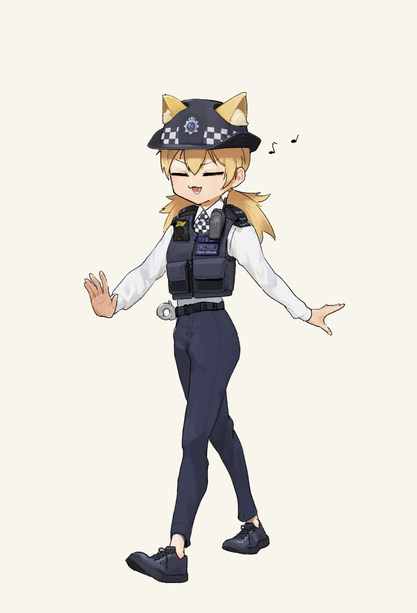 1girl :3 animal_ears bangs belt black_belt black_footwear blonde_hair blue_pants body_armor body_cam cat_ears cellphone checkered_clothes checkered_necktie closed_eyes collared_shirt cuffs dongdong_(0206qwerty) dress_shirt epaulettes fang girls_frontline handcuffs hat highres idw_(girls'_frontline) load_bearing_equipment load_bearing_vest long_hair long_sleeves music musical_note necktie no_socks open_mouth pants phone pocket police police_hat police_uniform policewoman shirt shoes sidelocks simple_background singing twintails uniform walking white_background white_shirt
