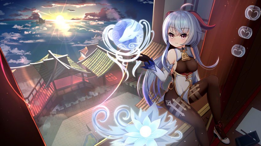 1girl ahoge architecture bangs bare_shoulders bell black_gloves black_legwear blue_hair blush breasts building clouds detached_sleeves east_asian_architecture eyebrows_visible_through_hair ganyu_(genshin_impact) genshin_impact gloves gold_trim gradient_sky high_heels horizon horns light_smile long_hair looking_at_viewer medium_breasts nc731 neck_bell ocean orb pantyhose qilin_(mythology) scenery sidelocks sitting sky solo sun sunrise thighlet thighs violet_eyes white_sleeves