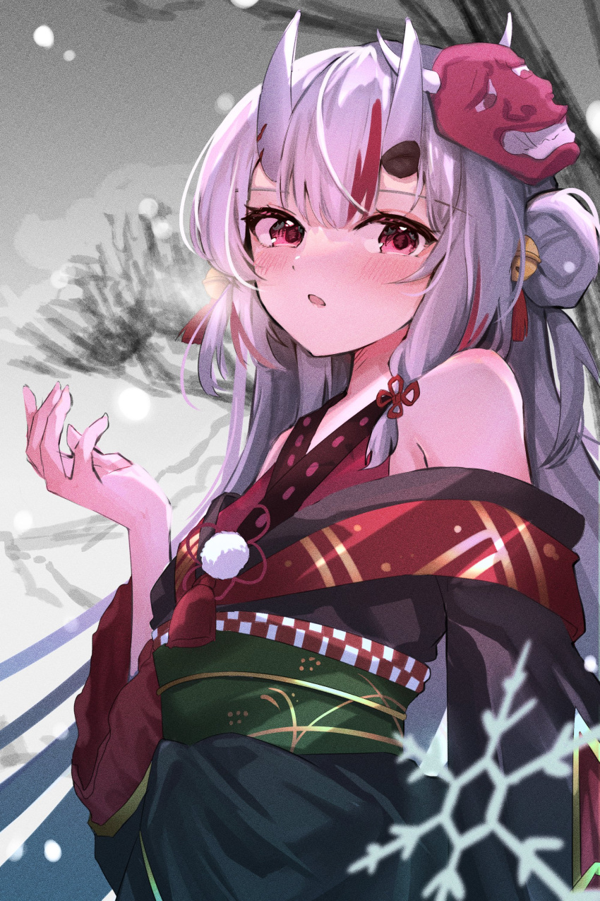 1girl :o absurdres bare_shoulders bell blush breath cold commentary_request double_bun hair_bell hair_bun hair_ornament highres hololive horns long_hair long_sleeves looking_at_viewer mask mask_on_head multicolored_hair nakiri_ayame oni_horns oni_mask outdoors red_eyes redhead snow snowflakes solo soyoghi streaked_hair upper_body virtual_youtuber white_hair