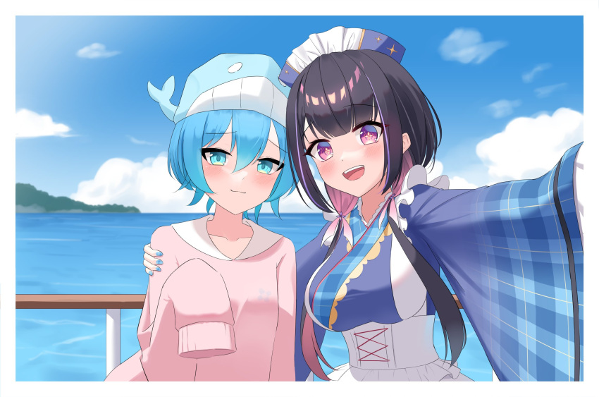 1boy 1girl :3 :d apron bangs black_hair blue_dress blue_eyes blue_hair blue_headwear blue_kimono blue_nails blue_sky blunt_bangs blush border clouds cloudy_sky collarbone colored_inner_hair commentary day dress eyebrows_visible_through_hair frilled_apron frills gold_trim gradient_eyes hair_between_eyes hand_on_another's_shoulder handrail highres hill hina_misora horizon impossible_clothes impossible_dress japanese_clothes kimono kujira-chan_(hina_misora) long_hair long_sleeves looking_at_viewer low_twintails maid_apron multicolored_eyes multicolored_hair ocean official_alternate_costume open_mouth otoko_no_ko pink_eyes pink_hair pink_sweater plaid_kimono pmasterm ribbon-trimmed_sleeves ribbon_trim sailor_collar selfie shiny shiny_hair shirt short_hair shy sidelocks sky sleeves_past_fingers sleeves_past_wrists smile spanish_commentary streaked_hair sweater symbol-shaped_pupils teeth twintails two-tone_hair underbust upper_teeth virtual_youtuber wa_maid wactor_production water whale_hat white_apron white_border white_shirt wide_sleeves yellow_eyes
