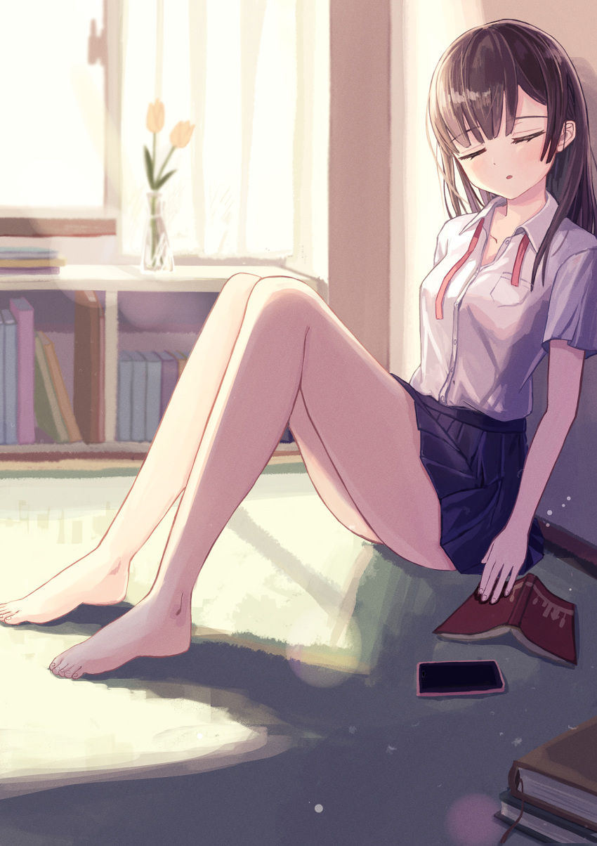 1girl bare_legs barefoot blue_skirt blush book breasts brown_hair closed_eyes collared_shirt commentary_request enokitake flower flower_pot highres indoors long_hair miniskirt neck_ribbon open_mouth original red_ribbon ribbon school_uniform serafuku shirt short_sleeves sitting skirt small_breasts solo toenails toes untied_ribbon white_shirt window