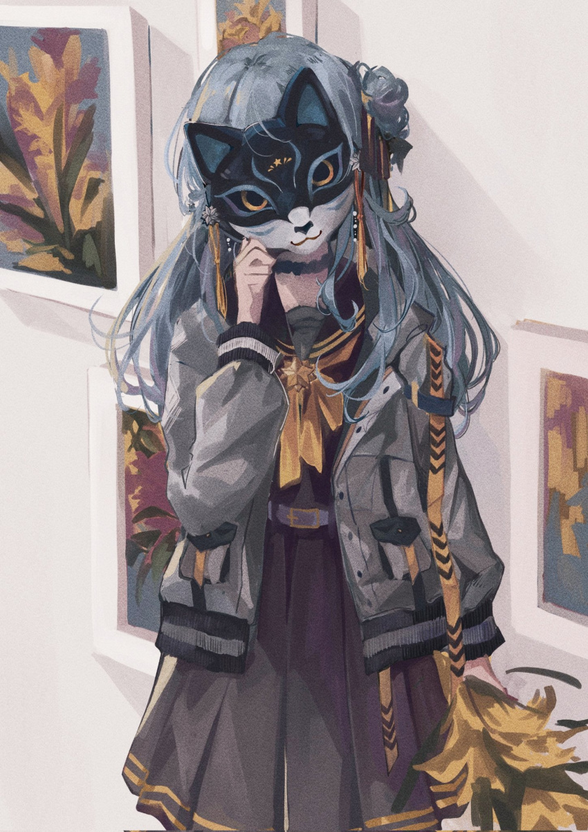1girl arm_at_side black_choker black_sclera black_skirt blue_hair bouquet cat_mask choker clenched_hand colored_sclera covering_face film_grain grey_jacket hair_ribbon hand_up highres holding holding_bouquet holding_mask hololive hood hood_down hooded_jacket hoshimachi_suisei indoors jacket kyrl long_sleeves mask multicolored_ribbon neckerchief open_clothes open_jacket painting_(object) pleated_skirt purple_ribbon purple_sailor_collar purple_shirt purple_skirt ribbon sailor_collar school_uniform shirt skirt sleeve_cuffs solo strap tassel upper_body virtual_youtuber white_background yellow_eyes yellow_neckerchief yellow_ribbon