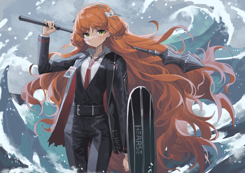 1girl absurdres belt blush devy_lobotomy formal freckles green_eyes highres holding holding_weapon id_card ishmael_(limbus_company) limbus_company long_hair long_sleeves mace necktie orange_hair pants project_moon red_necktie shield shirt suit very_long_hair water weapon white_shirt