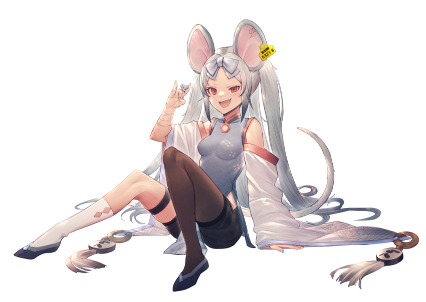 1girl animal_ears asymmetrical_legwear bag blue_archive blue_dress breasts china_dress chinese_clothes detached_sleeves dress ear_tag gun halo handbag handgun holstered_weapon large_ears medium_breasts mouse mouse_ears mouse_girl mouse_tail red_eyes relayrl saya_(blue_archive) socks solo tail thigh-highs uneven_legwear weapon wide_sleeves