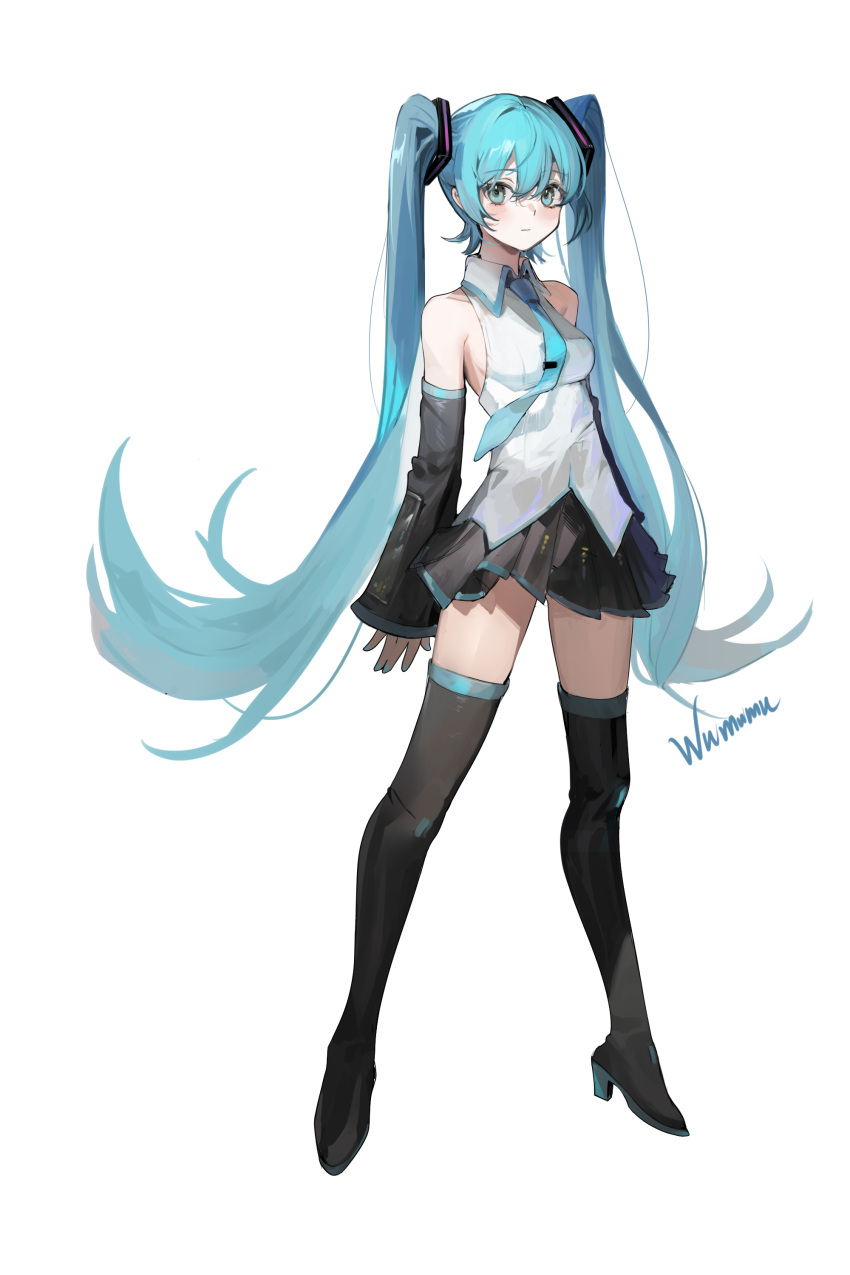 1girl absurdres aqua_eyes aqua_hair artist_name bangs bare_shoulders black_footwear black_legwear black_skirt black_sleeves blue_eyes blue_hair blue_necktie blush boots breasts closed_mouth commentary detached_sleeves full_body hair_between_eyes hair_ornament hatsune_miku highres long_hair looking_at_viewer necktie shirt simple_background skirt sleeveless sleeveless_shirt solo standing thigh-highs thigh_boots twintails very_long_hair vocaloid white_background white_shirt wumumu zettai_ryouiki