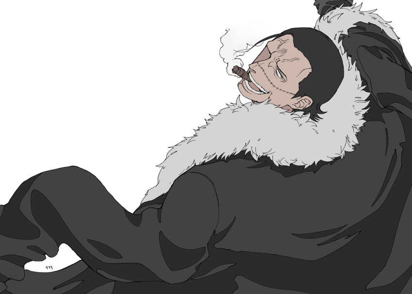 1boy black_hair cigar coat crocodile_(one_piece) fur_trim hair_slicked_back highres looking_at_viewer looking_back male_focus one_piece scar scar_on_face smoking solo ufkqz white_background
