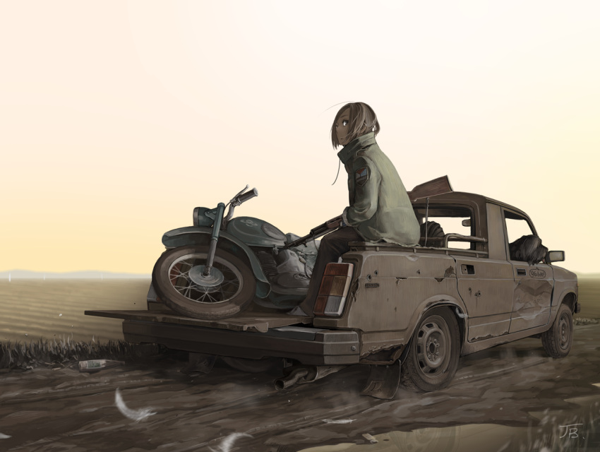 1girl brown_hair commentary_request dirt_road dog grass green_jacket ground_vehicle gun holding holding_gun holding_weapon jacket jettoburikku long_sleeves looking_at_viewer motor_vehicle motorcycle on_vehicle original outdoors pickup_truck road rust short_hair sitting sks truck watermark weapon