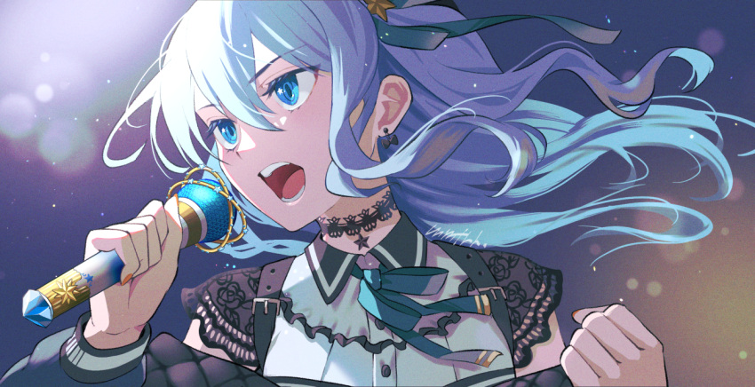 1girl black_choker blue_eyes blue_hair blue_ribbon choker clenched_hand earrings eyebrows_visible_through_hair floating_hair frills gradient gradient_background hair_ornament holding holding_microphone_stand hololive hoshimachi_suisei jewelry lens_flare long_hair memetaroh microphone_stand music nail_polish neck_ribbon open_mouth orange_background orange_nails purple_background ribbon singing solo star_(symbol) star_hair_ornament star_in_eye symbol_in_eye upper_body v-shaped_eyebrows