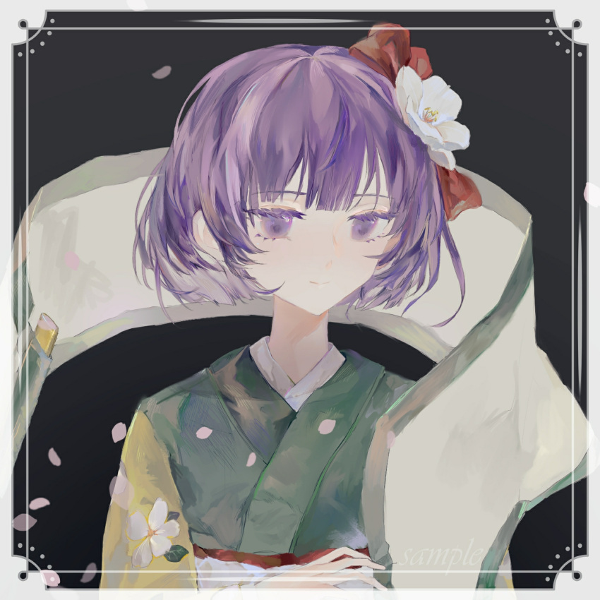 1girl bangs blunt_bangs blush border bow chinese_commentary closed_mouth commentary flower green_kimono hair_bow hair_flower hair_ornament hieda_no_akyuu highres japanese_clothes kimono looking_at_viewer purple_hair red_bow sample_watermark scroll short_hair smile solo touhou upper_body violet_eyes white_border white_flower yellow_sleeves yinyong_yu