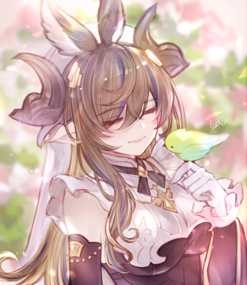 1girl animal_ears artist_name asymmetrical_legwear bare_shoulders bird blurry blurry_background blush breasts brown_hair closed_eyes commentary_request curled_horns detached_sleeves extra_ears eyebrows_visible_through_hair frilled_sleeves frills galleon_(granblue_fantasy) gloves granblue_fantasy hair_between_eyes highres horns lala_(0915_yu) large_breasts long_hair multicolored_hair outdoors pointy_ears sideboob single_thighhigh smile solo streaked_hair thigh-highs thigh_strap upper_body veil very_long_hair white_gloves
