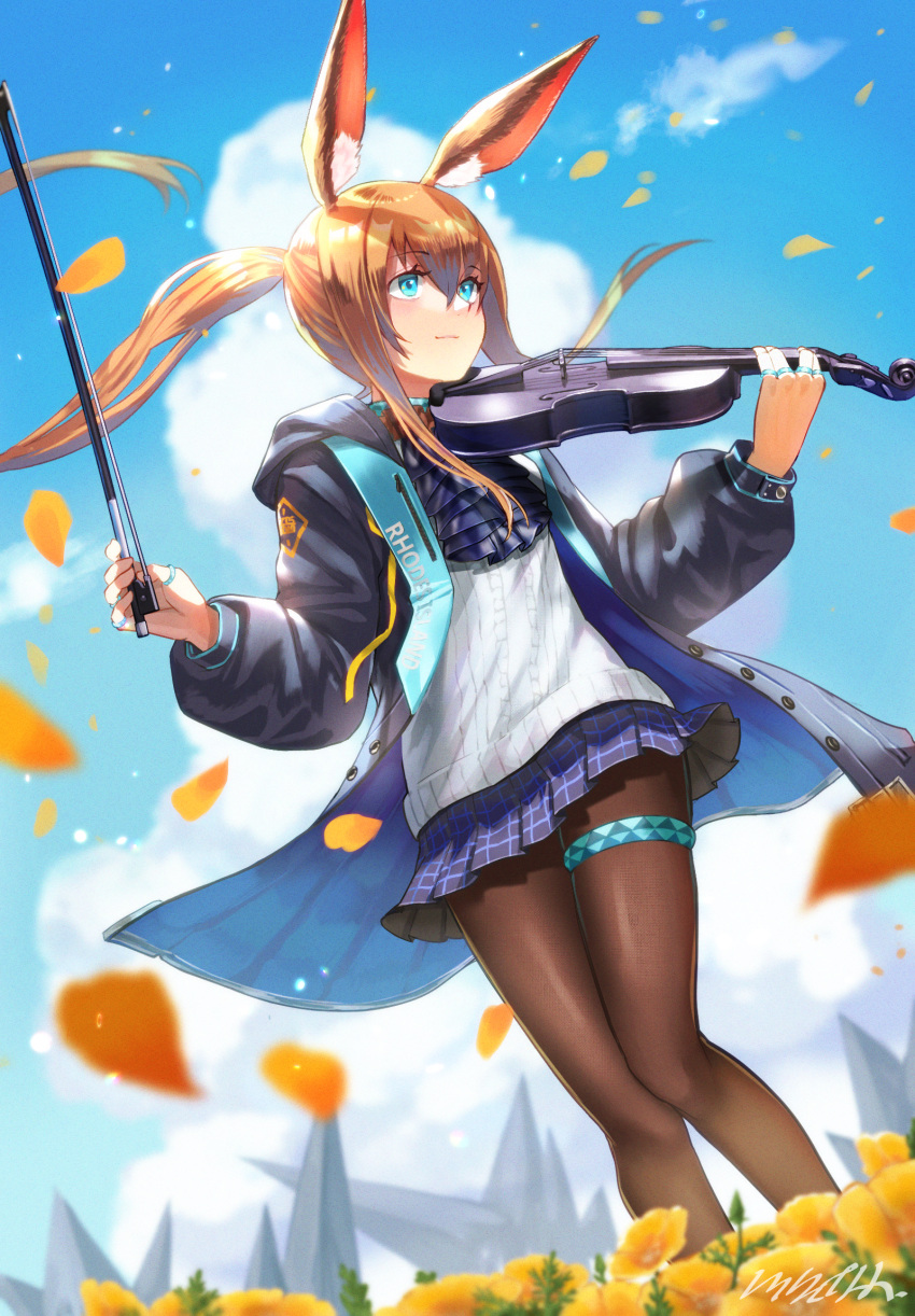 1girl amiya_(arknights) animal_ear_fluff animal_ears arknights ascot black_ascot black_coat blue_eyes blue_skirt brown_hair brown_legwear closed_mouth clothes_writing coat feet_out_of_frame field floating_hair flower flower_field highres holding holding_instrument instrument long_hair long_sleeves looking_away looking_to_the_side miniskirt open_clothes open_coat oraoranudamuda pantyhose petals plaid plaid_skirt pleated_skirt ponytail rabbit_ears shirt sidelocks signature skirt smile solo standing thighlet unbuttoned very_long_hair violin white_shirt wind yellow_flower