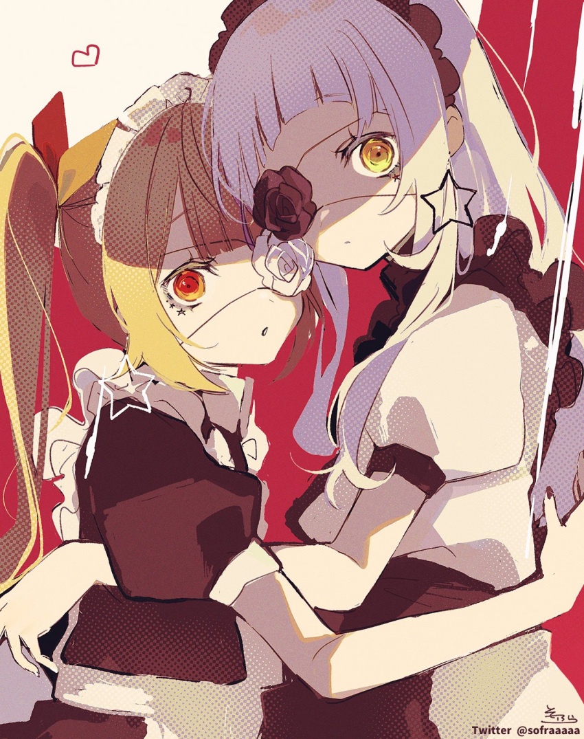 2girls apron bangs black_apron black_dress black_flower black_rose blonde_hair closed_mouth commentary_request crossover dress eyebrows_visible_through_hair flower flower_eyepatch frilled_apron frills from_side heart highres hololive hoshikawa_sara long_hair looking_at_viewer looking_to_the_side multiple_girls murasaki_shion nijisanji parted_lips puffy_short_sleeves puffy_sleeves red_eyes rose short_sleeves signature sofra star_(symbol) twintails twitter_username very_long_hair virtual_youtuber white_apron white_dress white_flower white_hair white_rose yellow_eyes