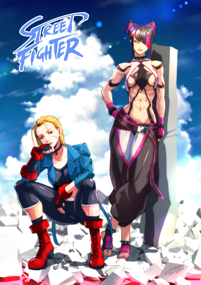 2girls abs absurdres blue_jacket boots cammy_white collar copyright_name cropped_jacket fingerless_gloves garayann gloves hair_horns hair_over_one_eye han_juri highres jacket multicolored_hair multiple_girls navel parted_lips red_footwear scar scar_on_face spiked_anklet spiked_collar spikes squatting standing stomach streaked_hair street_fighter street_fighter_6 toeless_footwear toned
