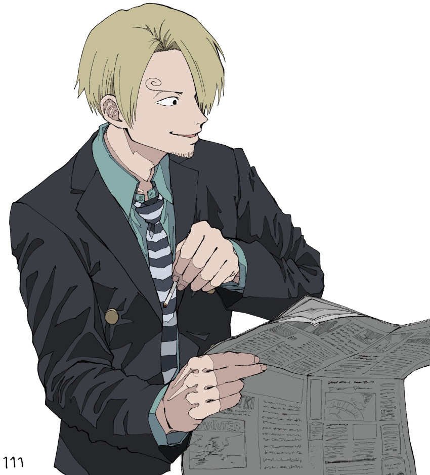 1boy blonde_hair cigarette formal hair_over_one_eye highres holding holding_cigarette holding_newspaper long_sleeves male_focus necktie newspaper one_piece sanji smile solo suit ufkqz white_background