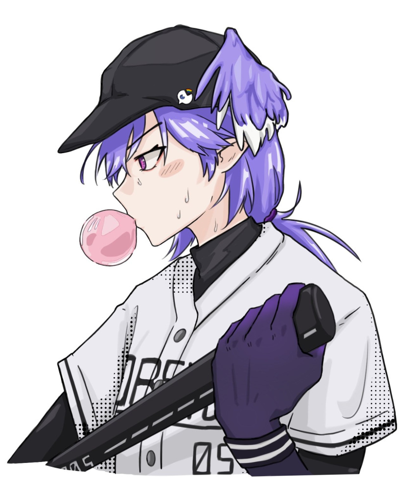 1girl alternate_hairstyle baseball_bat baseball_cap baseball_uniform black_shirt bubble_blowing english_text hat head_wings highres long_sleeves low_ponytail medium_hair nijisanji nijisanji_en obsydia_(nijisanji) oscawh pointy_ears purple_hair purple_wings selen_tatsuki shirt short_sleeves sportswear sweat violet_eyes virtual_youtuber white_background white_shirt wings wristband