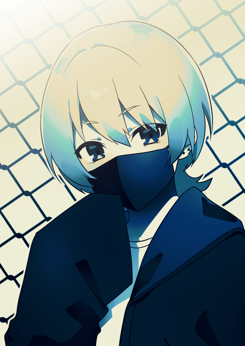 bangs black_jacket blue_eyes chain-link_fence copyright_request earrings eyebrows_visible_through_hair fence hair_between_eyes highres jacket jewelry kitasaya_ai long_sleeves mask mouth_mask open_clothes open_jacket shirt sleeves_past_fingers sleeves_past_wrists stud_earrings upper_body virtual_youtuber white_shirt