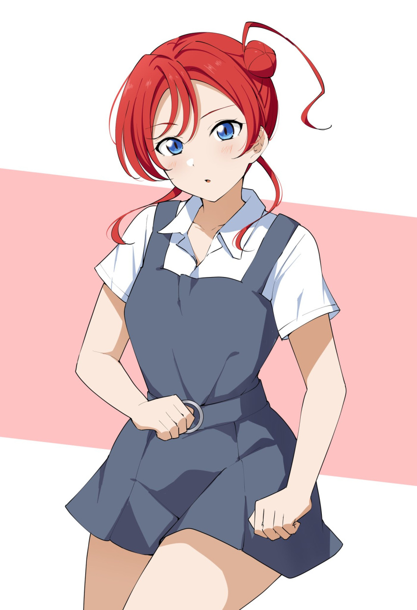 1girl :o bangs barkhorn0331 blue_eyes clenched_hands collared_shirt commentary cowboy_shot dress grey_dress hair_bun highres long_hair looking_at_viewer love_live! love_live!_superstar!! o-ring parted_lips partially_unbuttoned pinafore_dress red_background redhead school_uniform shirt short_dress short_hair_with_long_locks short_sleeves single_side_bun solo summer_uniform two-tone_background white_shirt yoneme_mei yuigaoka_school_uniform