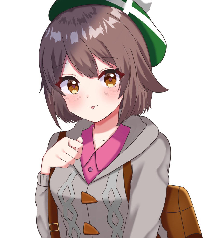 1girl api_peko backpack bag bangs blush bob_cut brown_bag brown_eyes brown_hair buttons cable_knit cardigan collared_dress commentary_request dress eyebrows_visible_through_hair gloria_(pokemon) green_headwear grey_cardigan hand_up hat highres hooded_cardigan looking_at_viewer pink_dress pokemon pokemon_(game) pokemon_swsh short_hair smile solo tam_o'_shanter tongue tongue_out upper_body