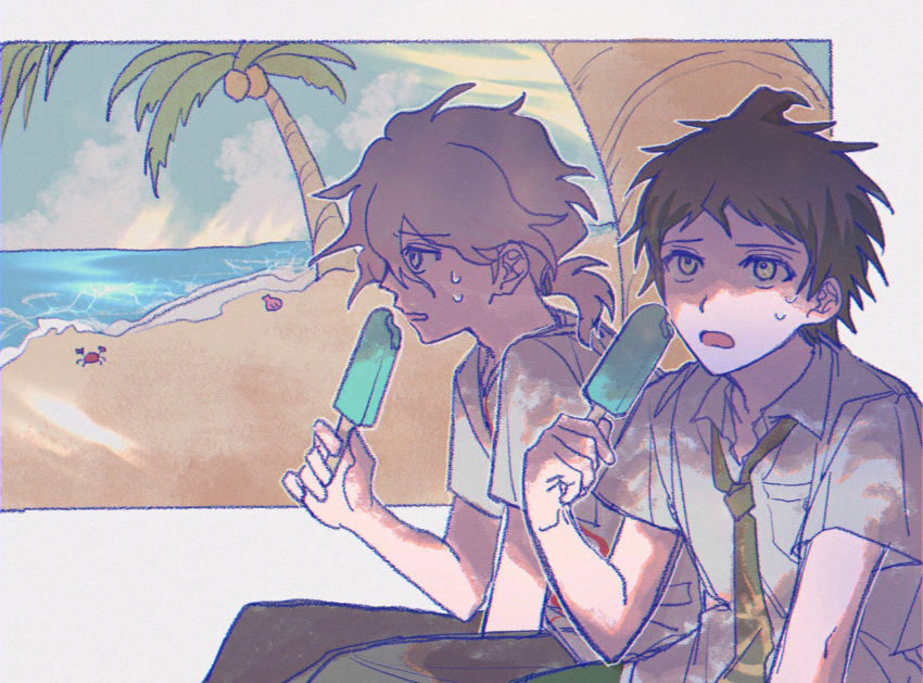 2boys ahoge bangs beach breast_pocket brown_hair brown_pants danganronpa_(series) danganronpa_2:_goodbye_despair eyebrows_visible_through_hair food green_necktie grey_background hair_between_eyes harami_(qz48lr) highres hinata_hajime holding komaeda_nagito messy_hair multiple_boys necktie no_jacket ocean open_mouth palm_tree pants pocket ponytail shell short_hair short_sleeves sitting sweat tree