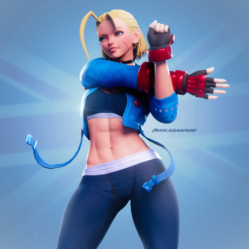 1girl 3d abs absurdres antenna_hair black_gloves black_pants black_sports_bra blender_(medium) blonde_hair blue_eyes blue_jacket breasts cammy_white choker contrapposto cropped_jacket english_commentary fingerless_gloves gloves groin highres jacket mika_dawn navel pants scar scar_on_cheek scar_on_face short_hair small_breasts solo sports_bra standing street_fighter street_fighter_6 stretch suspenders_hanging swimsuit tight tight_pants twitter_username vambraces yoga_pants