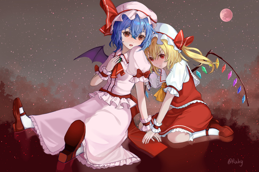 2girls absurdres arm_support artist_name ascot back_bow bat_wings blonde_hair blue_hair blush bobby_socks bow brooch chinese_commentary collared_shirt commentary crystal diamond-shaped_pupils diamond_(shape) flandre_scarlet frilled_shirt frilled_shirt_collar frilled_skirt frilled_sleeves frills frown full_body full_moon guierlll hair_between_eyes hand_on_another's_shoulder hand_on_own_chest hat hat_ribbon highres jewelry looking_at_viewer mary_janes medium_hair moon multiple_girls one_side_up open_mouth pink_headwear pink_shirt pink_skirt puffy_short_sleeves puffy_sleeves red_ascot red_bow red_eyes red_footwear red_moon red_ribbon red_skirt red_vest remilia_scarlet ribbon seiza shirt shoes short_sleeves siblings sisters sitting skirt skirt_set socks symbol-shaped_pupils teeth touhou v-shaped_eyebrows vest white_headwear white_legwear white_shirt wings wrist_cuffs yellow_ascot
