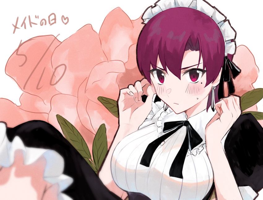 1girl alternate_costume bazett_fraga_mcremitz blue_molmotto blush breasts dated dress earrings enmaided fate/hollow_ataraxia fate_(series) fingernails floral_background highres jewelry large_breasts maid maid_day maid_headdress mole mole_under_eye purple_hair short_hair violet_eyes