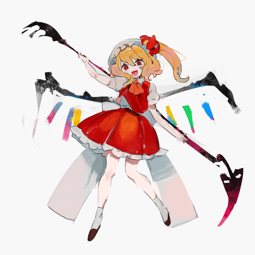 1girl :d ascot blonde_hair crystal flandre_scarlet full_body hat hat_ribbon highres laevatein_(touhou) looking_at_viewer mob_cap open_mouth puffy_short_sleeves puffy_sleeves red_eyes red_skirt red_vest ribbon scythe shirt shoes short_sleeves skirt skirt_set smile sobamushi_mo socks solo touhou vest white_legwear wings