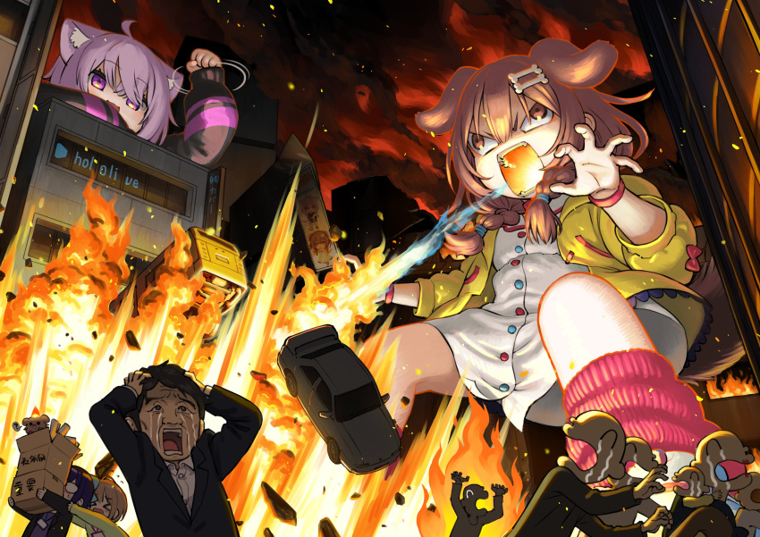 &gt;_&lt; a-chan_(hololive) absurdres animal_ears bone_hair_ornament box braid breathing_fire brown_eyes brown_hair building car cardboard_box cat_ears cat_girl commentary crying destruction dog_ears dog_girl dog_tail embers fire giant giantess glasses godzilla_(series) ground_vehicle hair_ornament hands_on_own_head harusaki_nodoka highres hololive inugami_korone inugami_korone_(dog) jacket listener_(inugami_korone) low_twin_braids motor_vehicle name_tag opaque_glasses open_mouth parody purple_hair red_legwear sabaku_chitai streaming_tears tail tears twin_braids violet_eyes virtual_youtuber wall-eyed wristband yagoo yellow_jacket