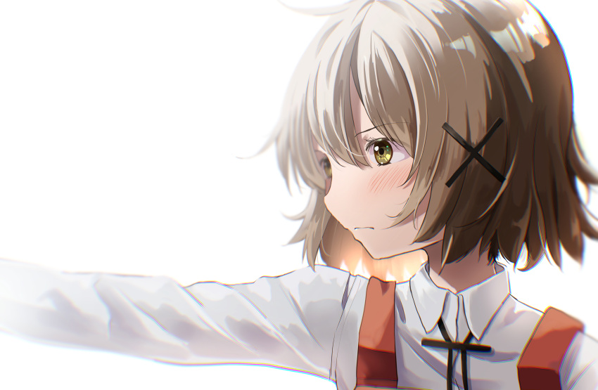 1girl absurdres brown_hair commentary_request from_side hair_ornament hidamari_sketch highres long_sleeves looking_away percy_pyl portrait school_uniform shirt short_hair solo upper_body white_background white_shirt x_hair_ornament yamabuki_high_school_uniform yuno_(hidamari_sketch)