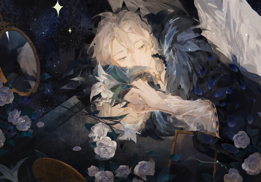 1boy absurdres albedo_(genshin_impact) androgynous angel_wings black_background blonde_hair blue_eyes chajott64 flower genshin_impact highres long_sleeves looking_to_the_side male_focus mirror rose short_hair solo white_flower wings