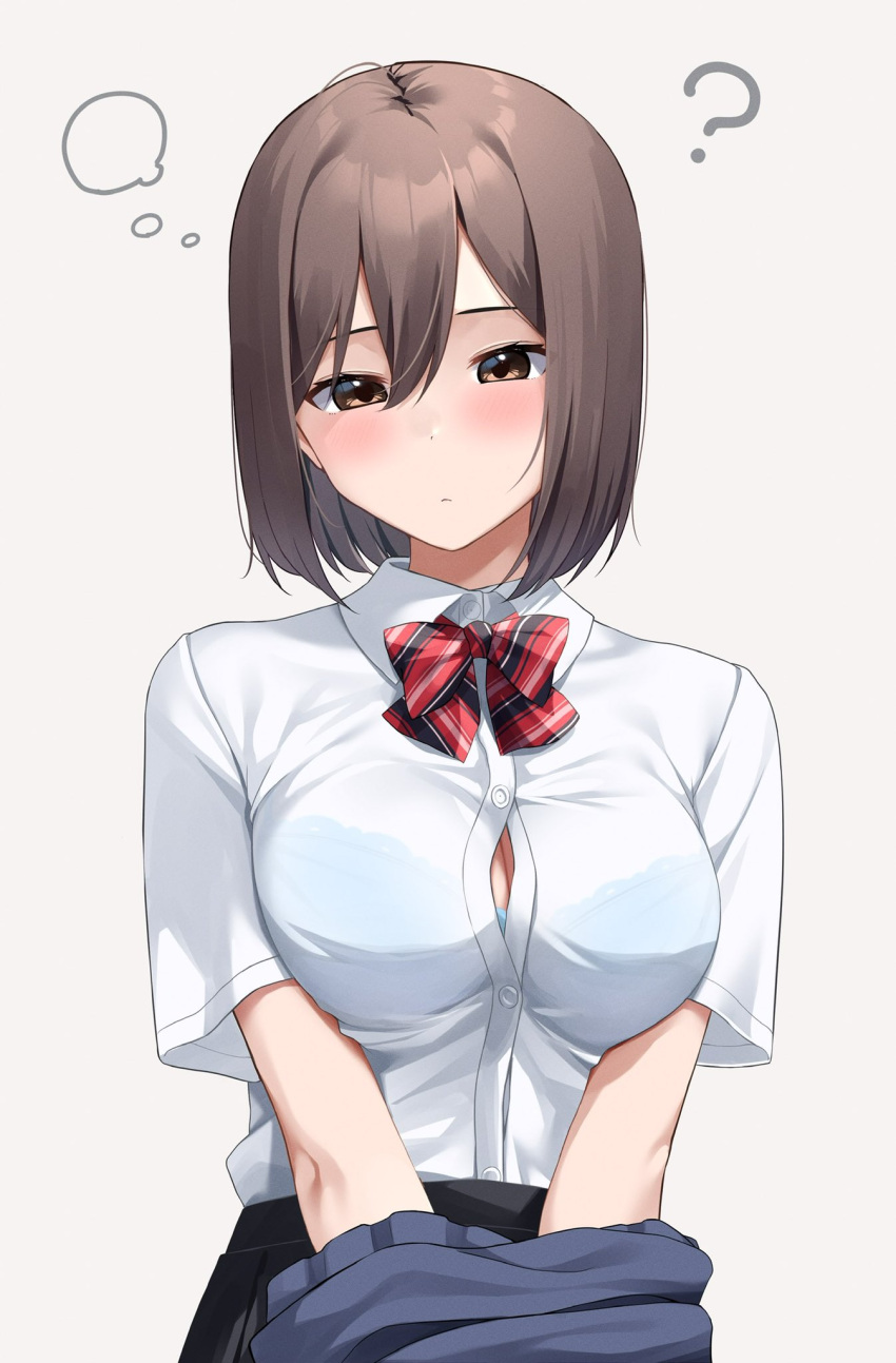 1girl ? blush bob_cut bra_visible_through_clothes breasts brown_eyes brown_hair commentary highres kiona_(giraffe_kiona) large_breasts medium_hair original school_uniform simple_background solo undersized_clothes