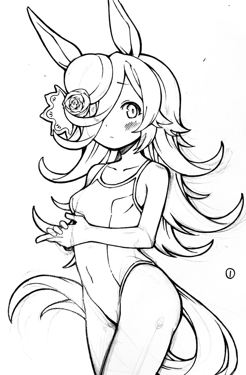 1girl animal_ears armpits breasts commentary_request competition_school_swimsuit cowboy_shot enoki_art flower greyscale hair_over_one_eye hat hat_flower highres horse_ears horse_girl horse_tail lineart long_hair monochrome rice_shower_(umamusume) school_swimsuit small_breasts solo swimsuit tail thigh_gap tilted_headwear umamusume