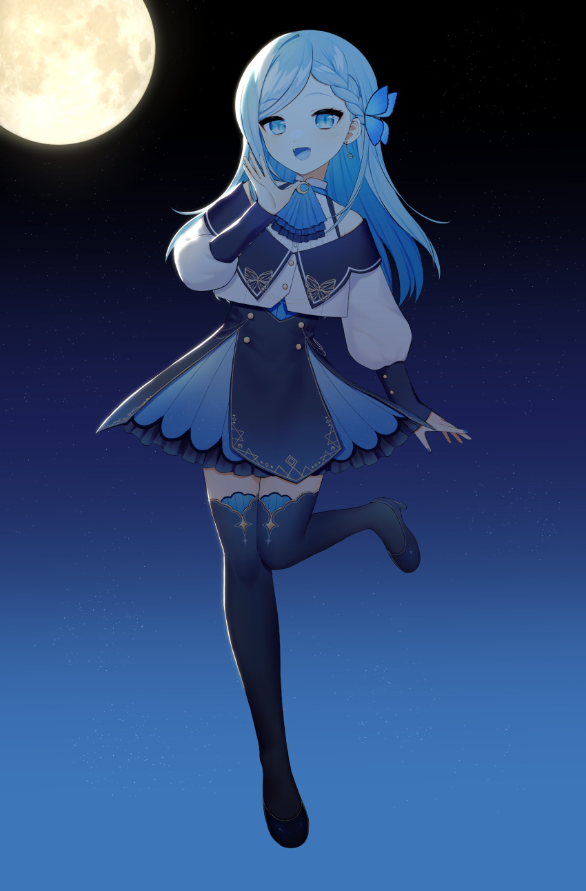 1girl absurdres blue_eyes blue_hair braid butterfly_hair_ornament choker crescent crescent_earrings earrings frilled_choker frills hair_ornament highres indie_virtual_youtuber jewelry long_hair moon night official_art pzmnb star_(sky) thigh-highs tsukino_diana virtual_youtuber zettai_ryouiki