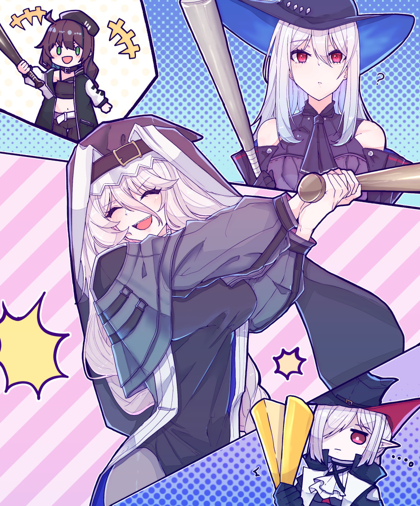 4girls :d arknights ascot baseball_bat black_cape black_coat black_dress black_gloves black_headwear black_nails black_shirt black_shorts cape closed_eyes coat commentary_request crop_top cuora_(arknights) dress eyebrows_visible_through_hair gladiia_(arknights) gloves glowstick green_jacket habit highres holding holding_baseball_bat jacket jewelry multiple_girls nun open_clothes open_jacket open_mouth pointy_ears red_eyes shirt shorts skadi_(arknights) smile specter_(arknights) tsume3mai white_ascot