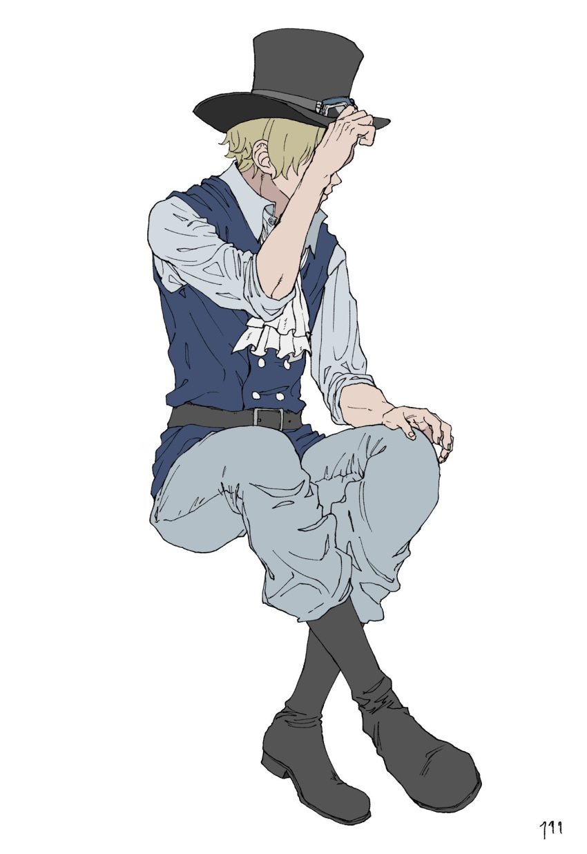 1boy arm_up ascot blonde_hair crossed_ankles eyewear_on_headwear hand_on_headwear hat highres male_focus one_piece sabo_(one_piece) sitting sleeves_rolled_up solo ufkqz white_background