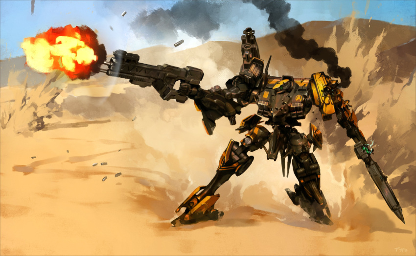 armored_core commentary damaged day desert dust english_commentary fighting firing gun highres holding holding_gun holding_sword holding_weapon mecha muzzle_flash no_humans optionaltypo outdoors rifle sand science_fiction shell_casing shoulder_cannon signature sky smoke sword weapon
