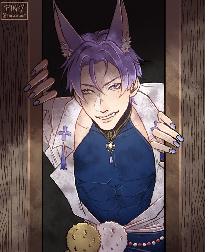 1boy animal_ears cross door extra_ears fang fox_boy heterochromia highres japanese_clothes jewelry kimono kuya_(nu_carnival) male_focus mole mole_under_eye necklace nu_carnival purple_hair short_hair smile talulil_art violet_eyes yellow_eyes