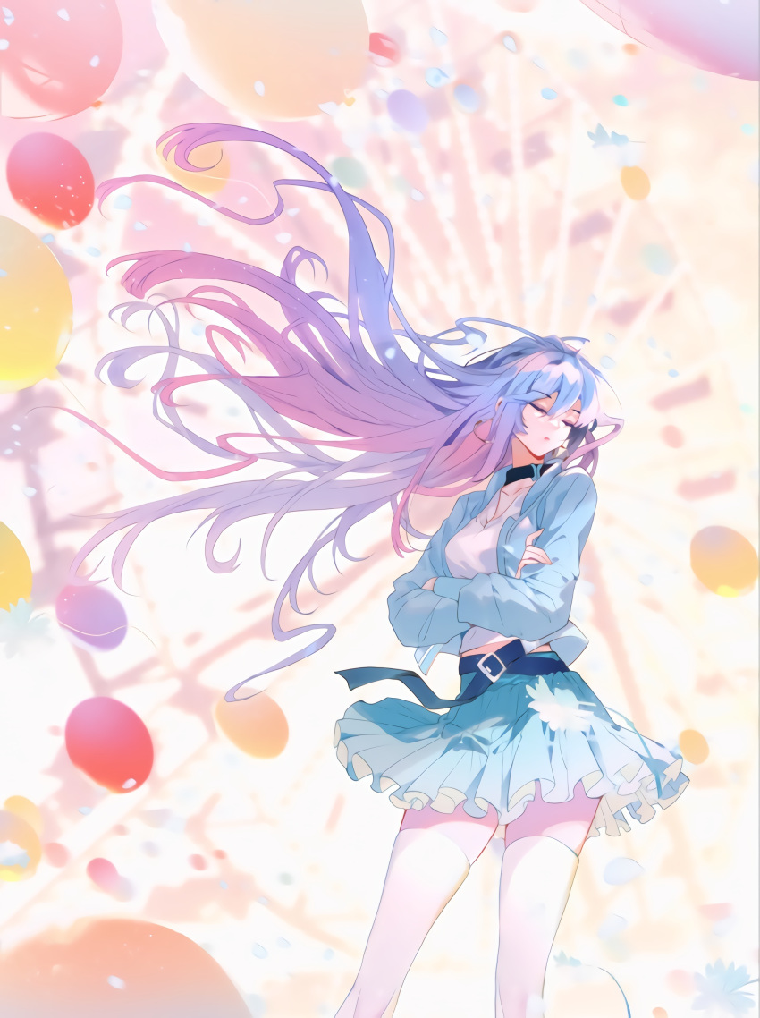 1girl absurdres balloon belt blue_jacket blue_skirt closed_eyes closed_mouth cover cover_page crossed_arms douluo_dalu ferris_wheel hei_zhi_shi highres jacket long_hair looking_to_the_side official_art shirt skirt solo thigh-highs third-party_source upper_body wang_qiu_er_(douluo_dalu) white_shirt