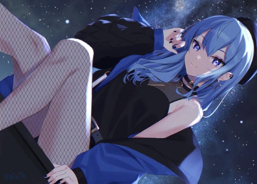 1girl armpit_crease belt beret blouse blue_eyes blue_hair blue_nails casual collar earrings fishnet_legwear fishnets hat highres hololive hoshimachi_suisei jacket jacket_partially_removed jewelry long_hair nail_polish shirt sitting sky sleeveless smile solo star_(sky) star_(symbol) star_in_eye starry_sky symbol_in_eye virtual_youtuber you06