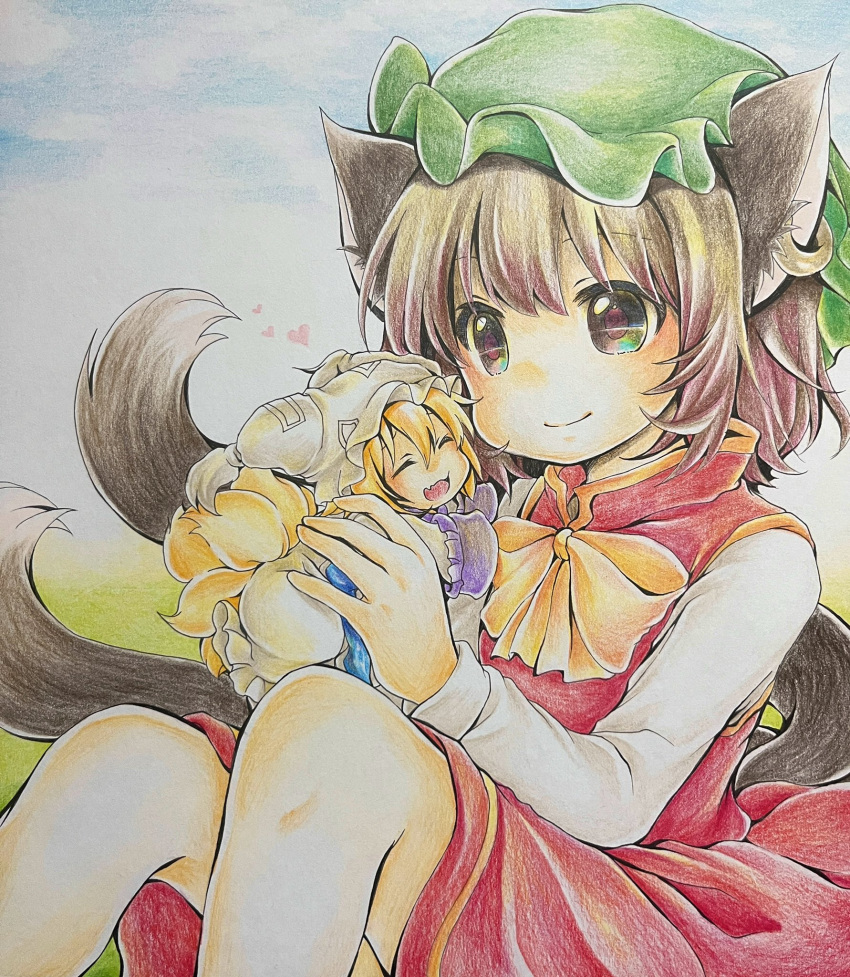2girls :d animal_ears bangs blonde_hair bow bowtie brown_eyes brown_hair cat_ears cat_tail chen closed_eyes closed_mouth earrings fangs fox_tail green_headwear hanabi_(karintou15) hat highres holding_person jewelry kitsune long_sleeves looking_at_another minigirl mob_cap multiple_girls multiple_tails nekomata open_mouth pillow_hat short_hair single_earring size_difference skin_fangs smile tail touhou traditional_media two_tails white_headwear yakumo_ran yellow_bow yellow_bowtie
